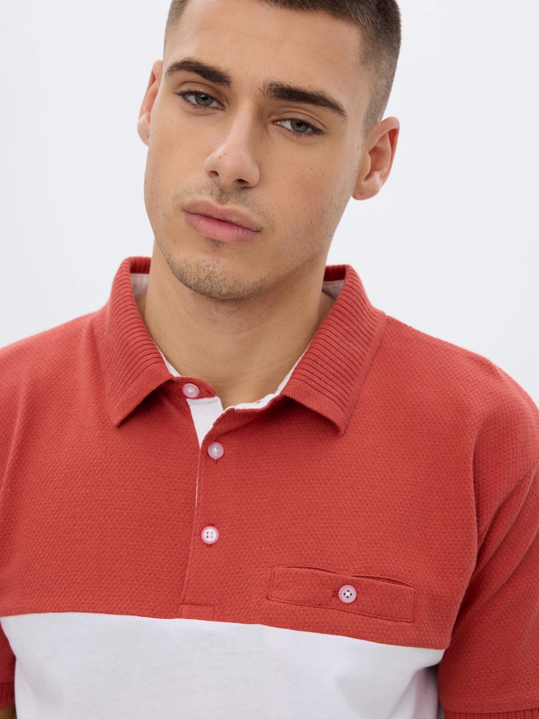 Woven striped polo shirt brick red middle front view
