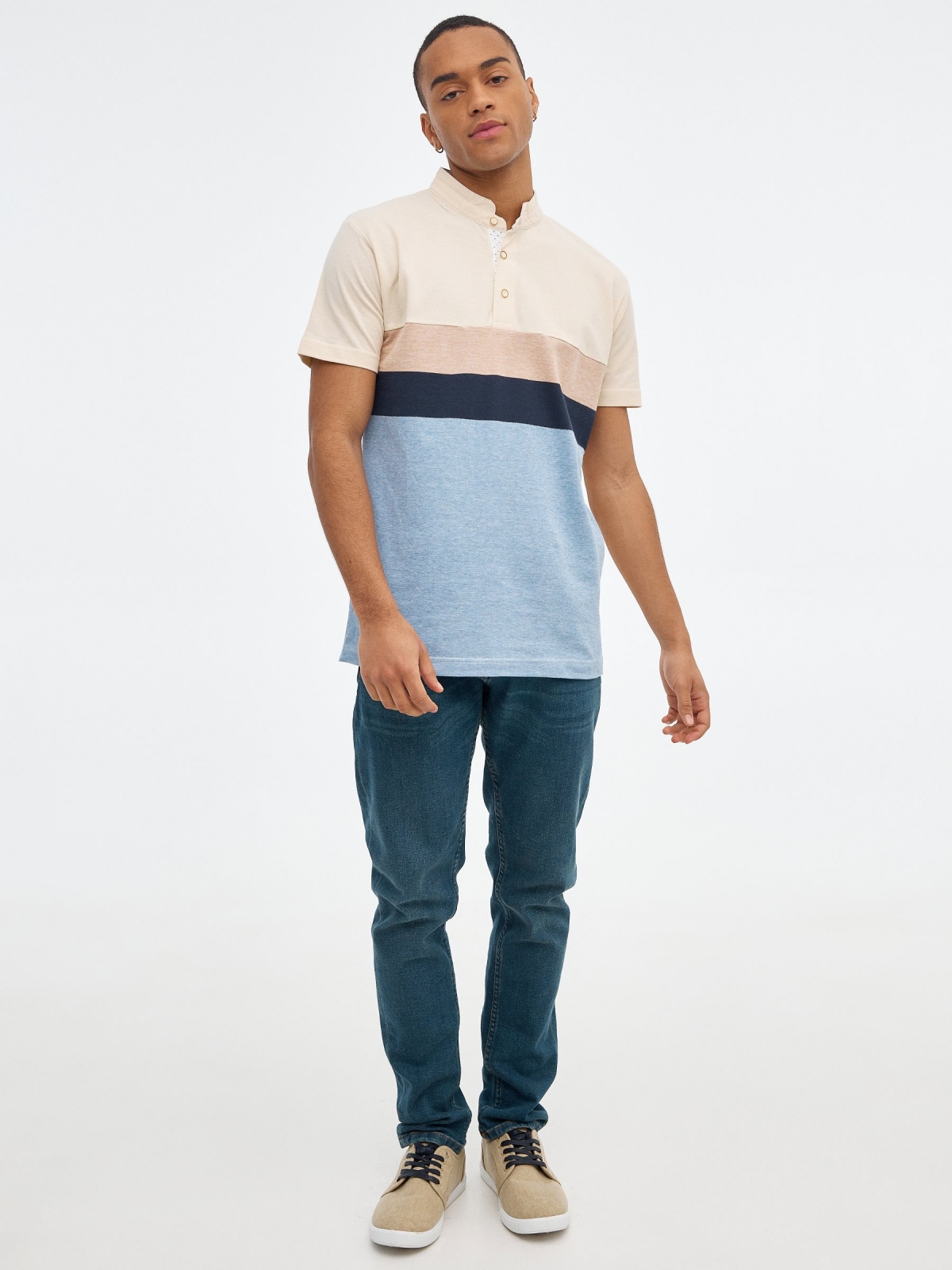 Striped pique polo shirt sand front view