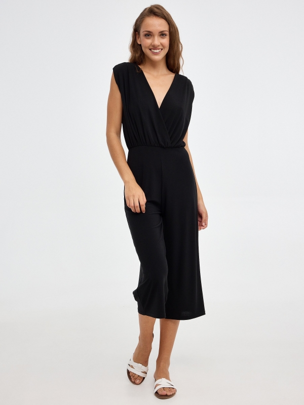 V-neck jumpsuit black middle back view