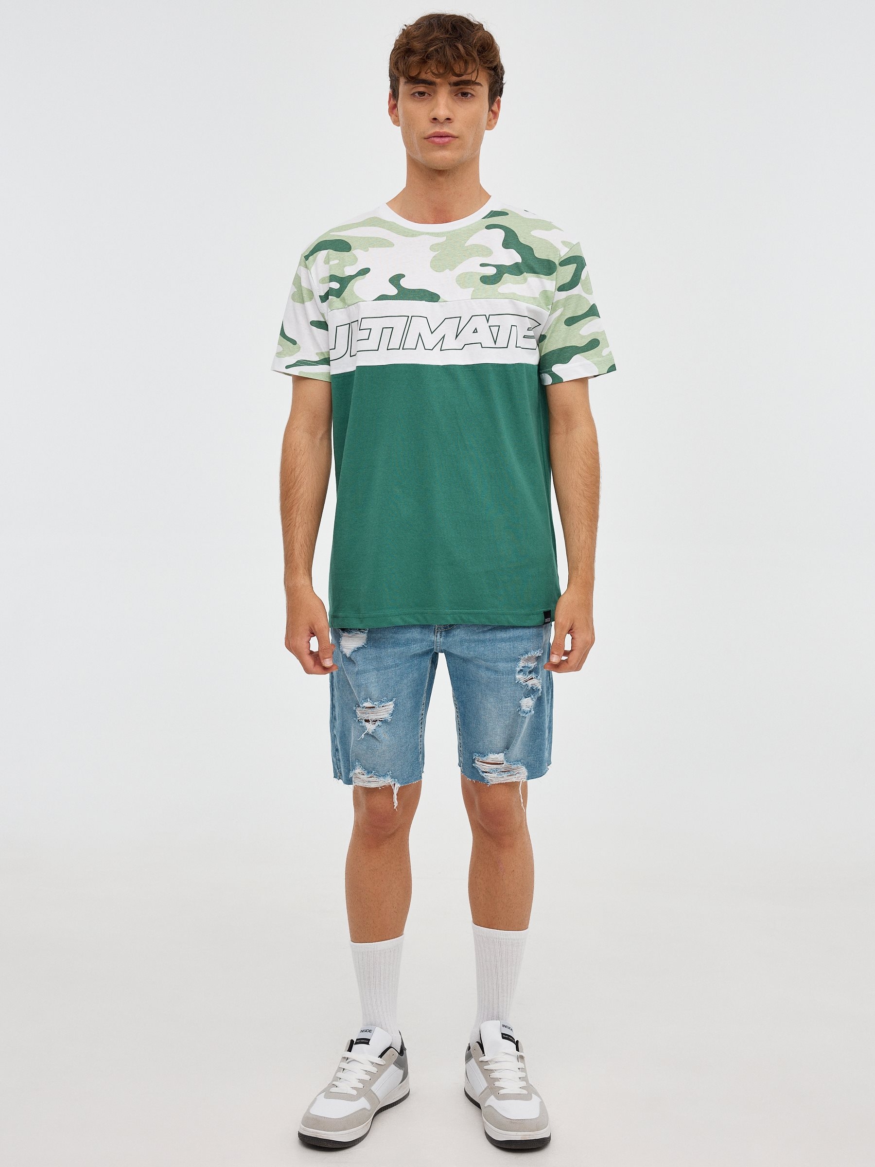 Multi-print T-shirt green middle front view