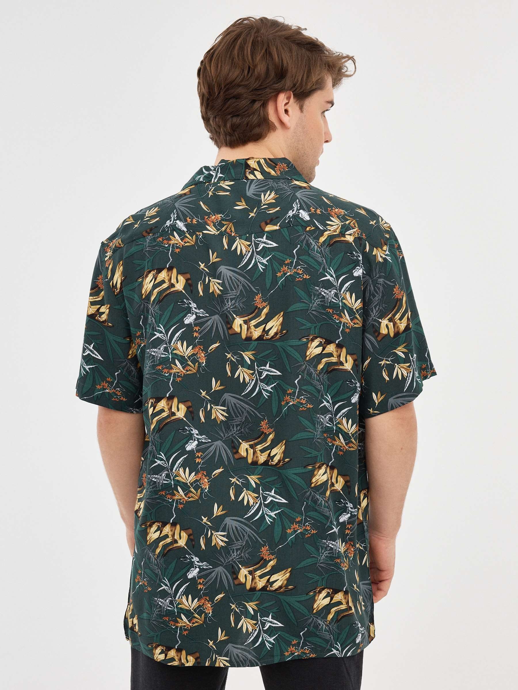 Green floral print shirt dark green middle front view