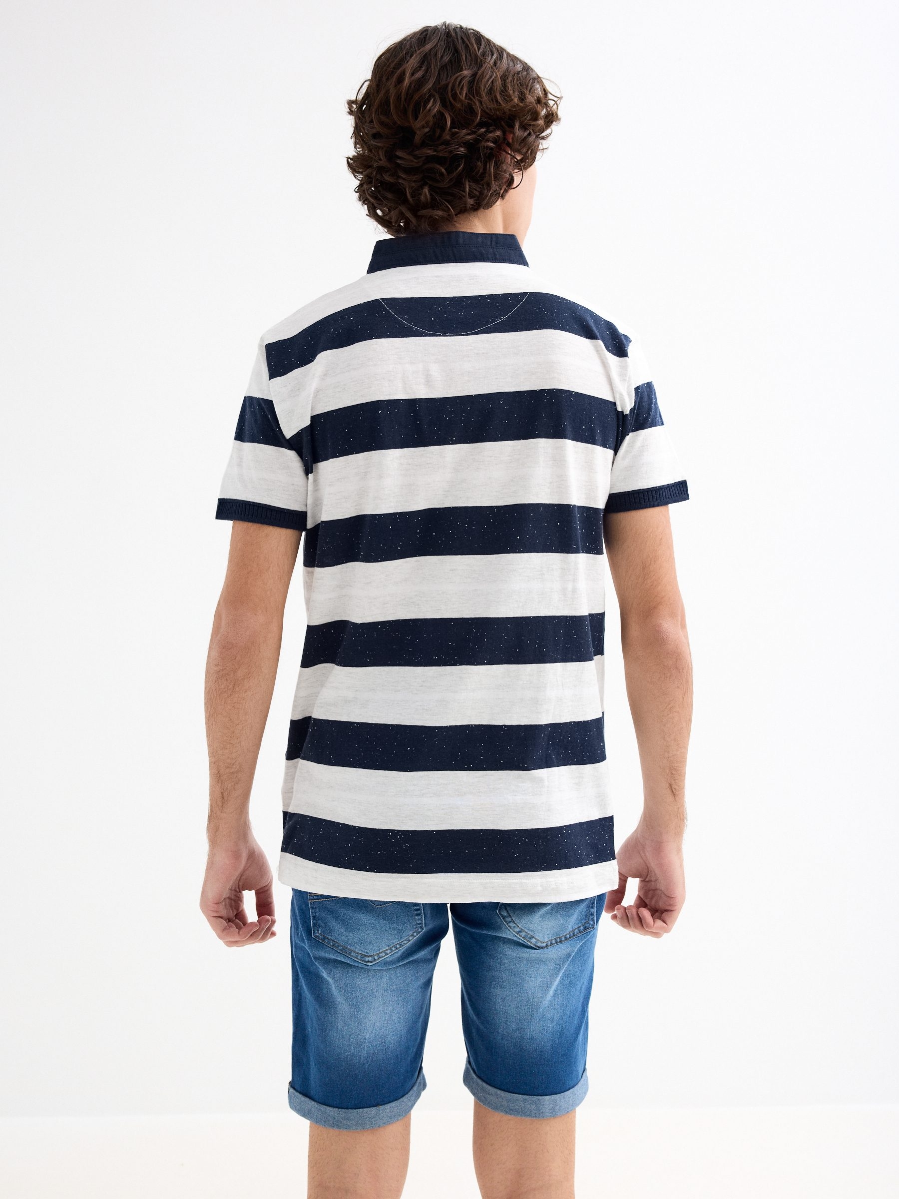 Mao collar striped polo shirt navy middle front view