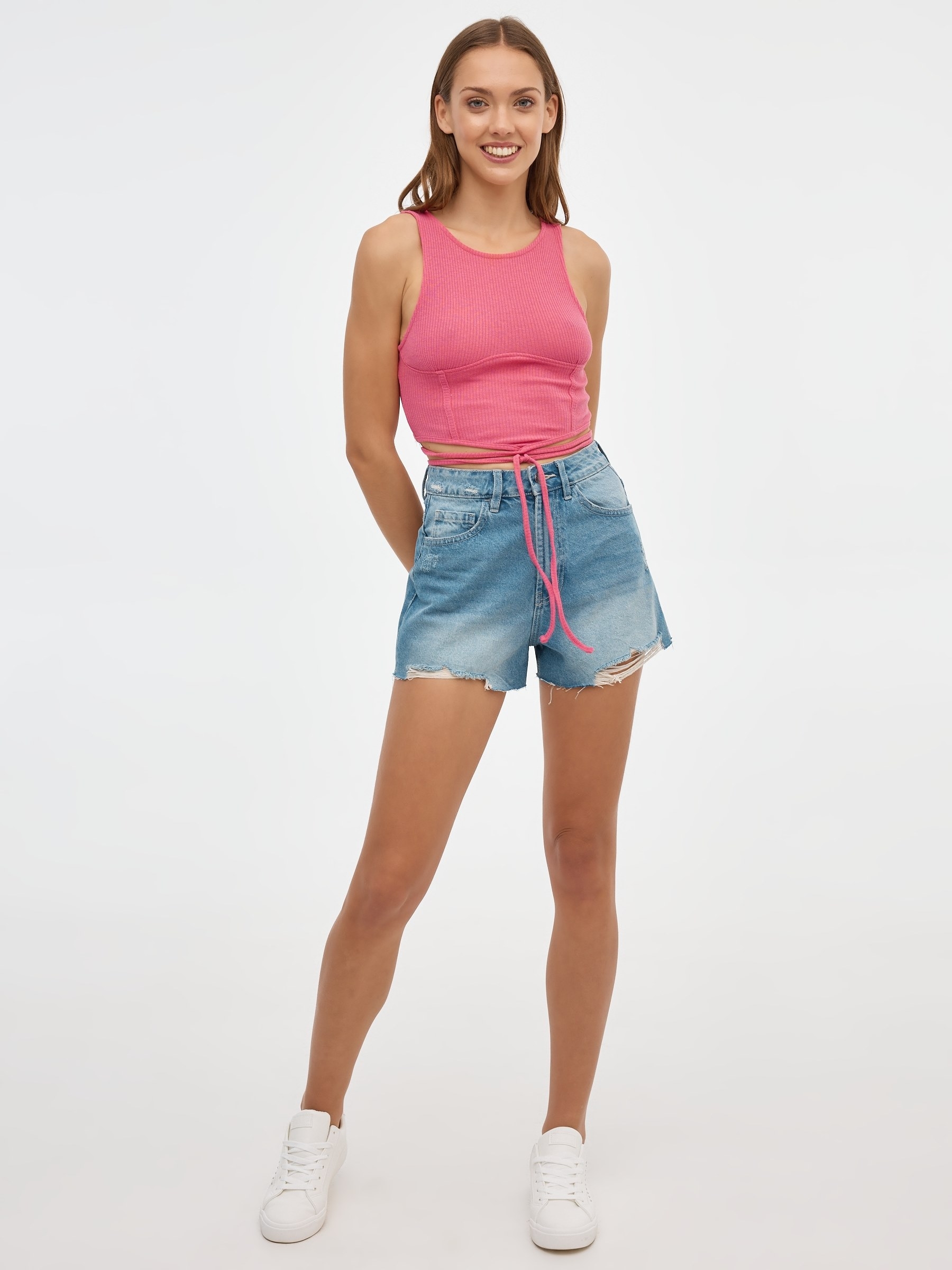 Lace up bodice top coral middle front view