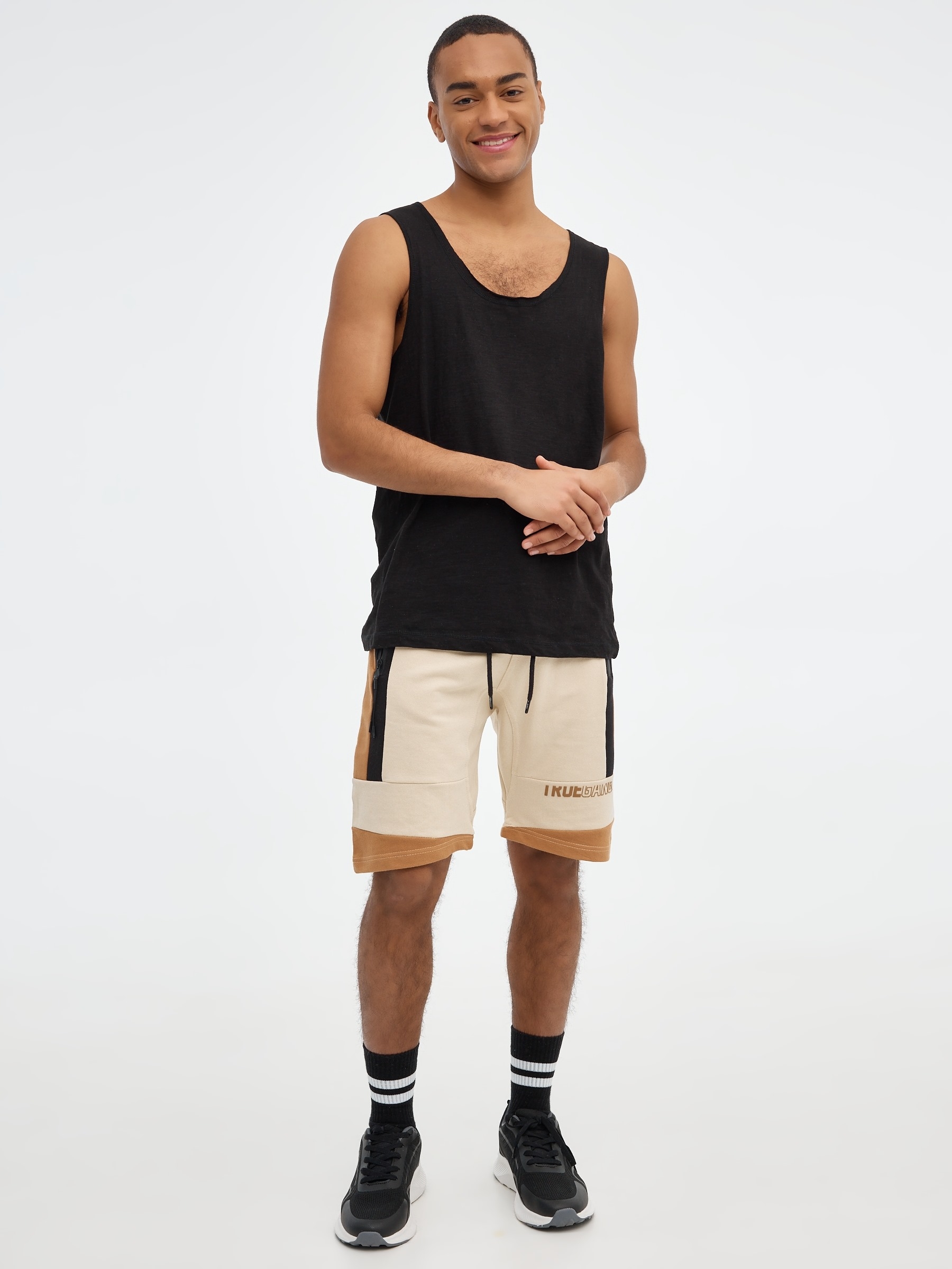 Bermuda jogger shorts color block sand middle front view