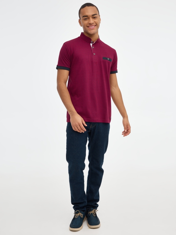 Geometric print polo shirt garnet front view
