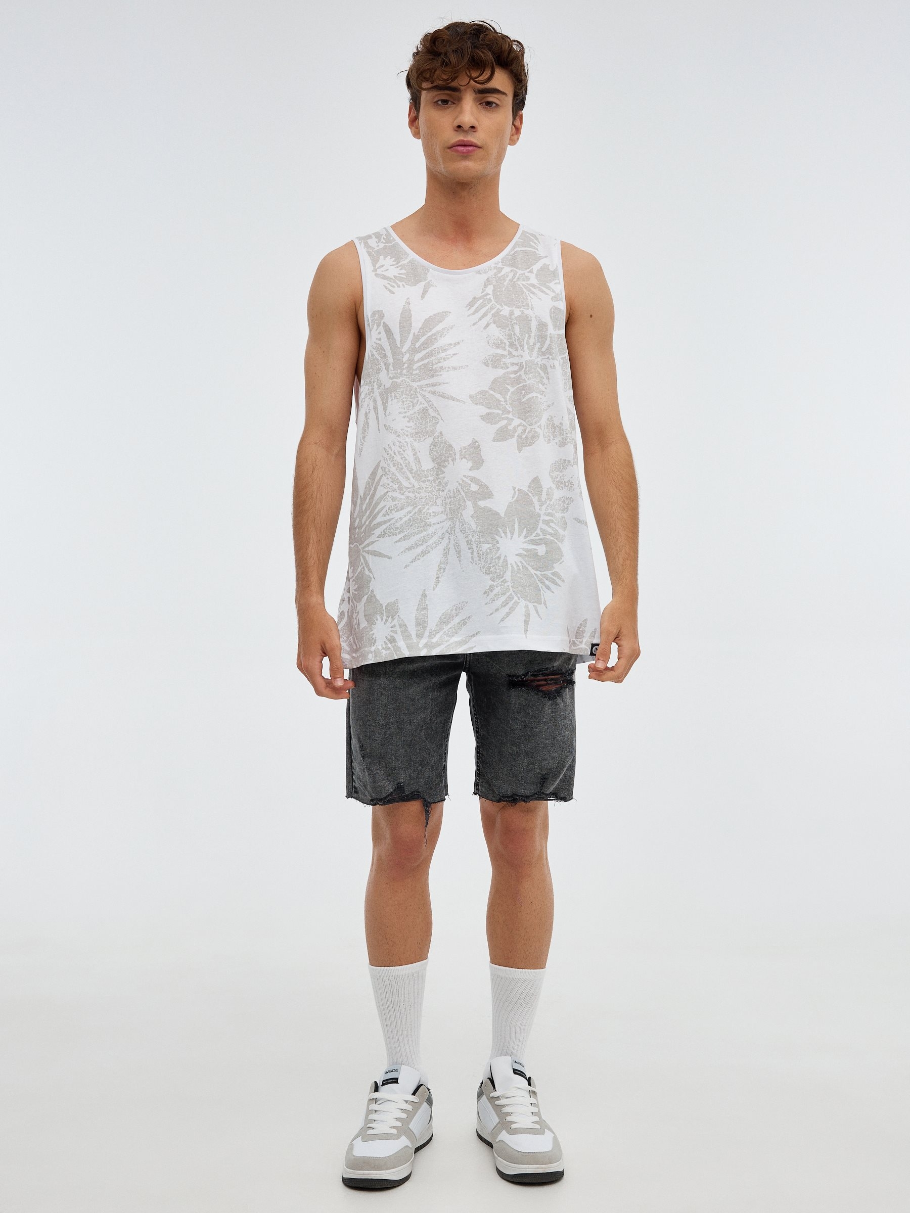 T-shirt do tanque tropical branco vista meia frontal