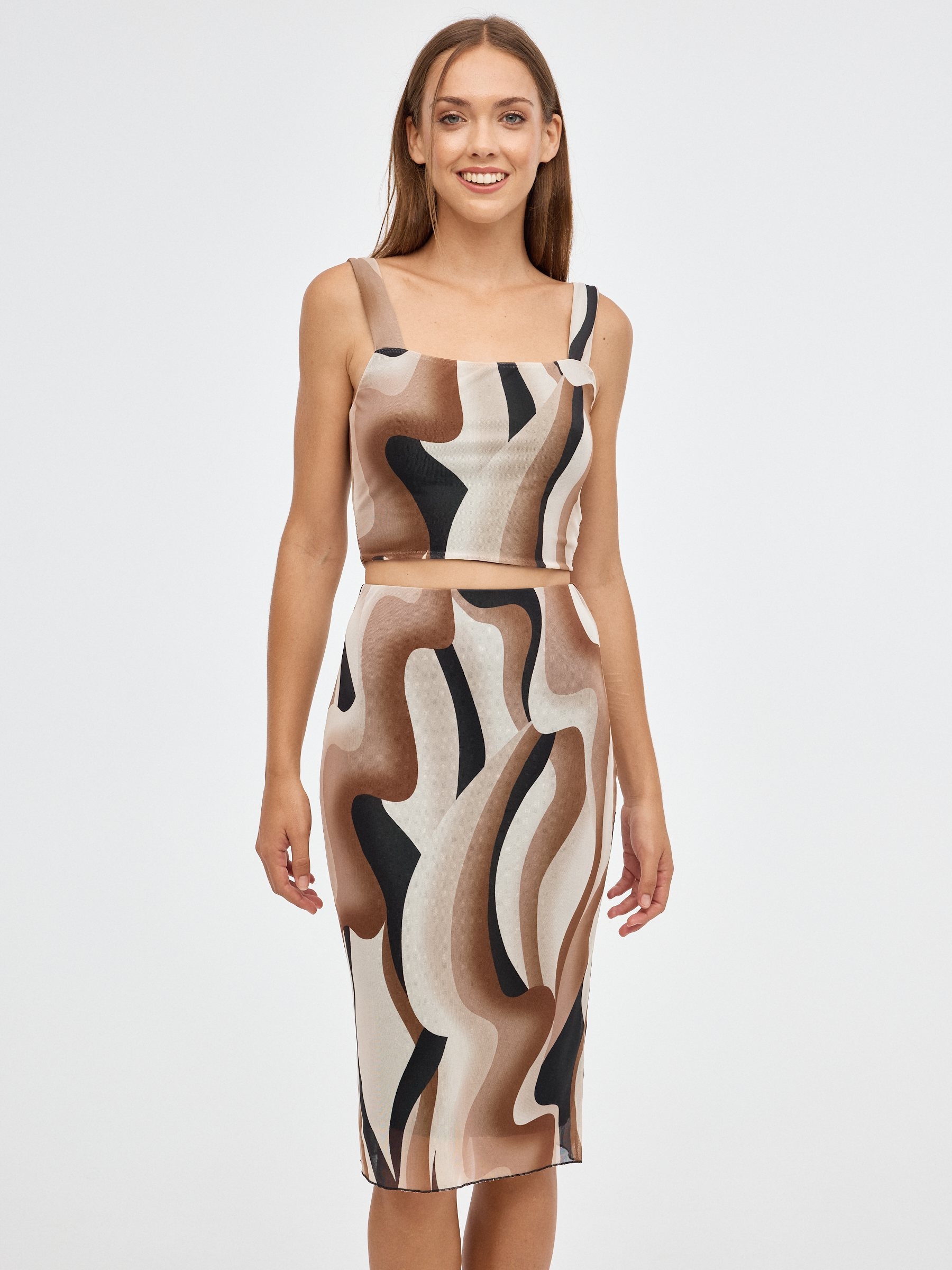 Psychedelic tull midi skirt brown middle front view