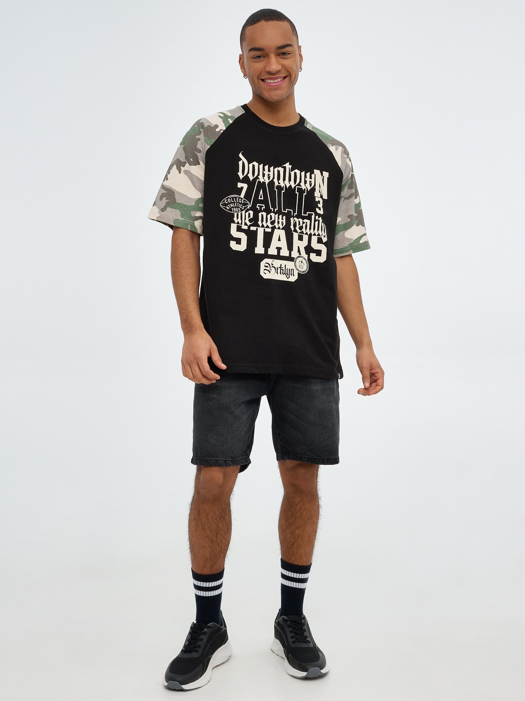 Text and camouflage t-shirt black middle front view