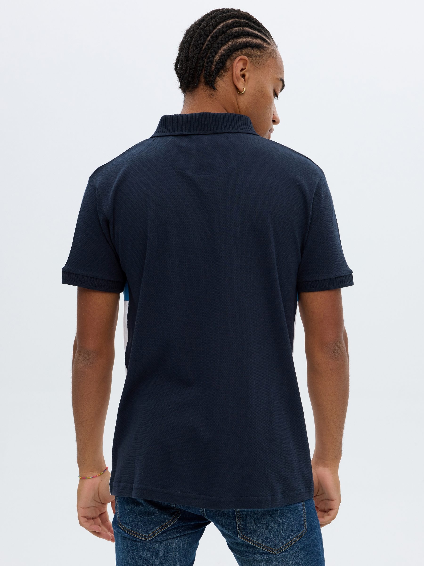Woven striped polo shirt navy middle front view