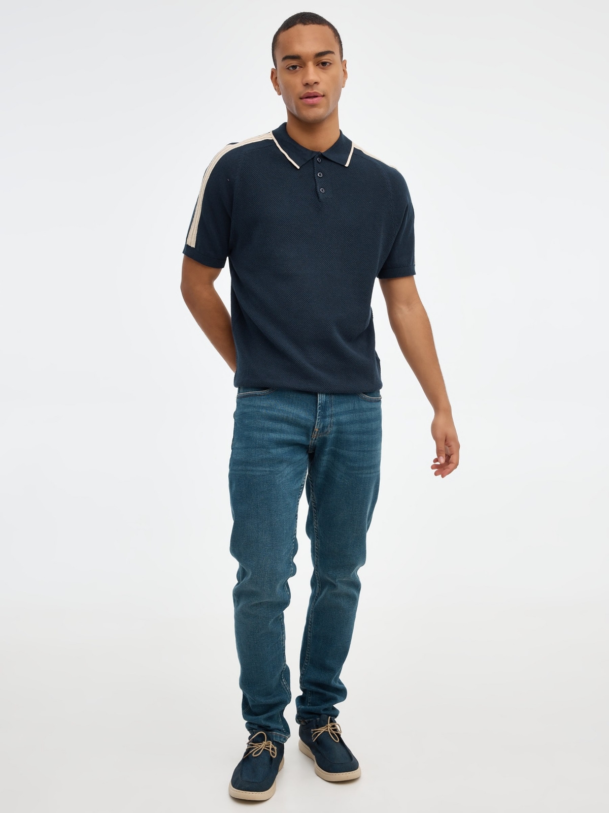 Colorblock knitted polo shirt navy front view