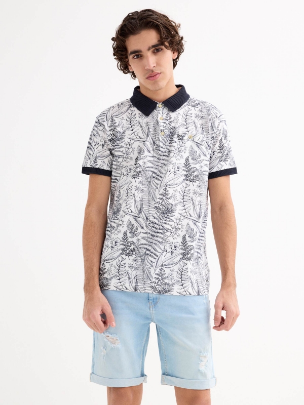Polo tropical cuello camisa blanco vista media frontal