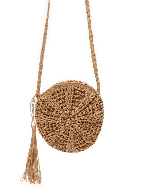 Round embroidered fiber bag beige