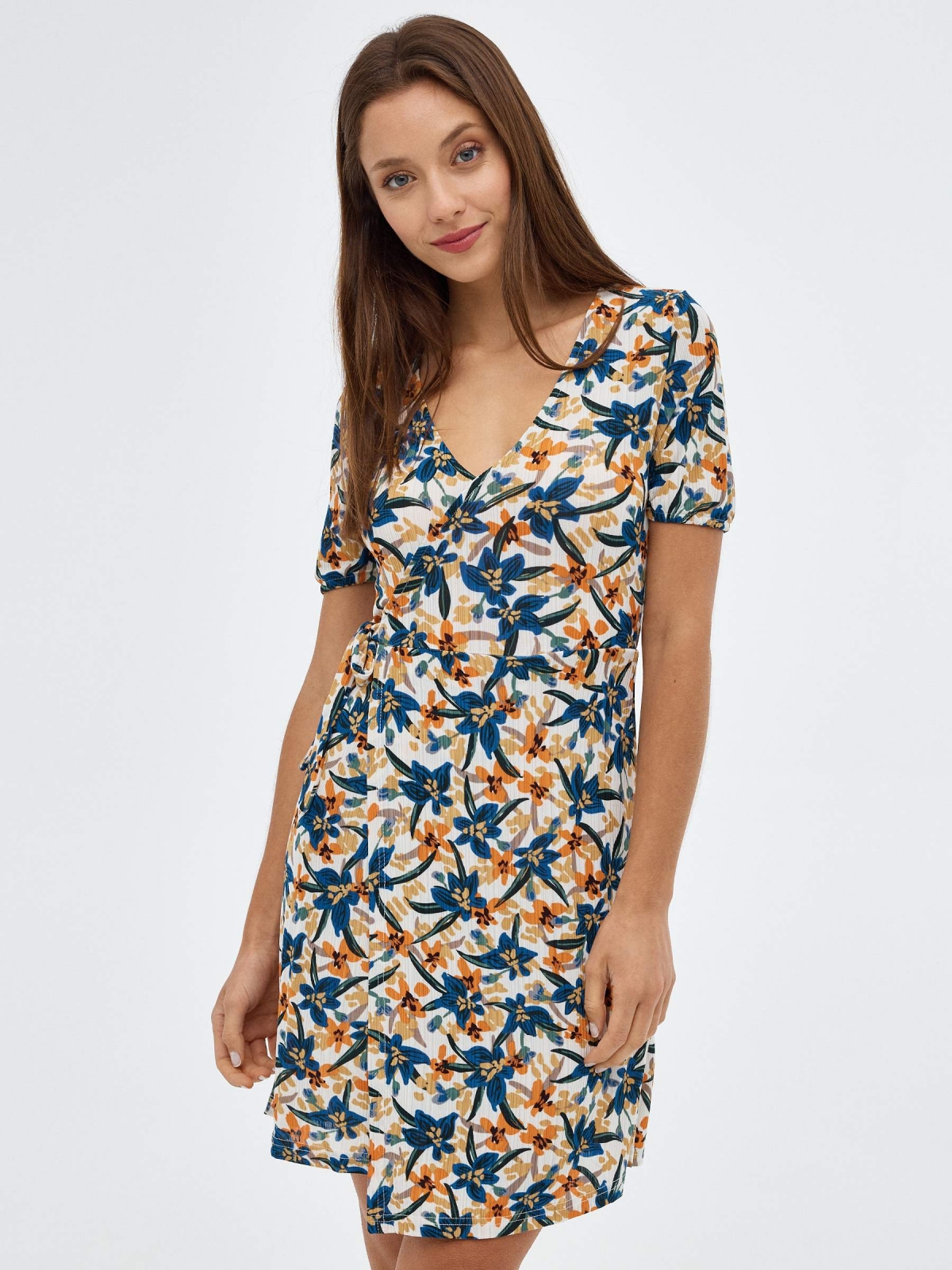 Vestido mini print flores blanco roto