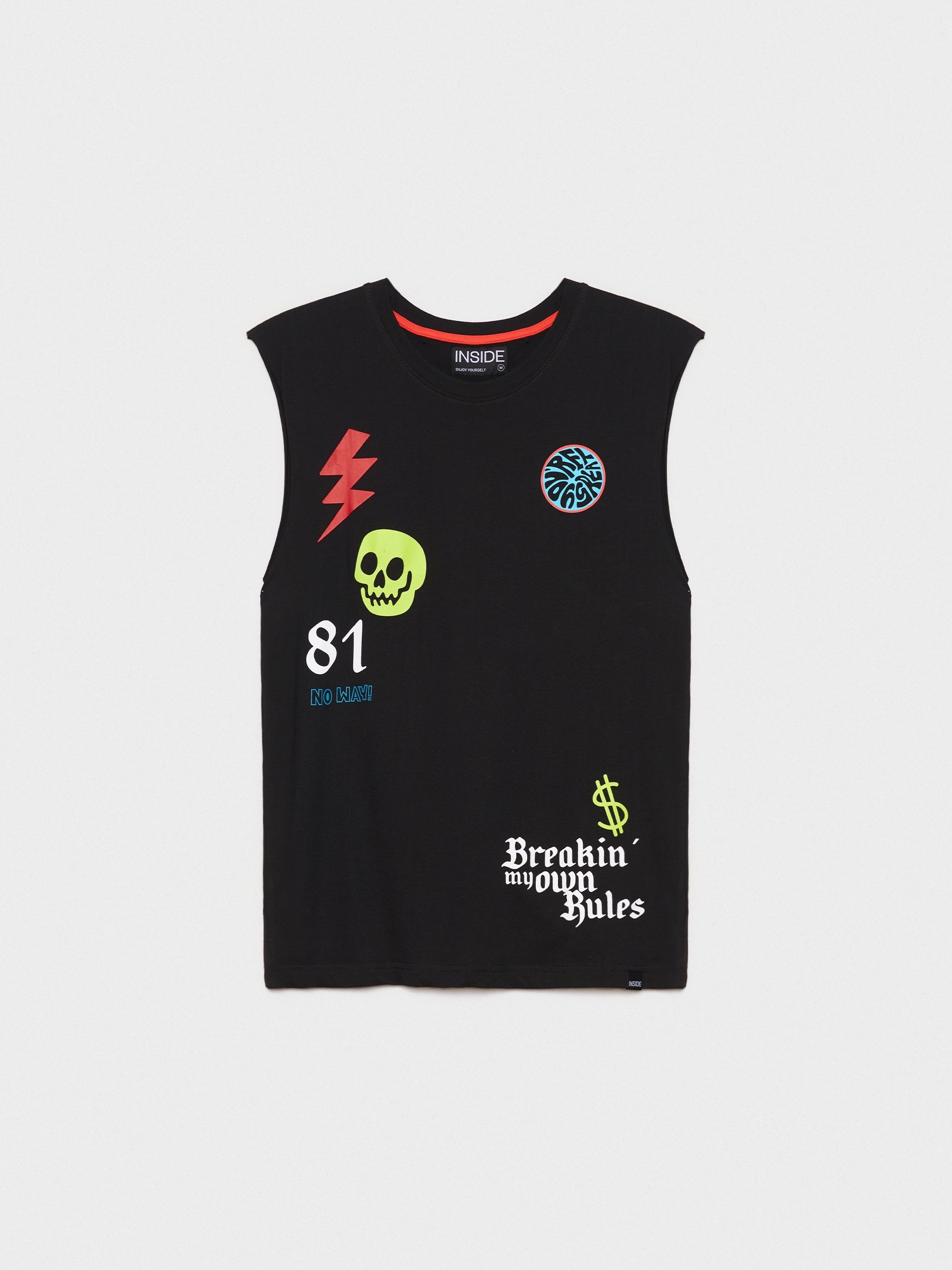 Camiseta desmangada con estampados negro vista media frontal