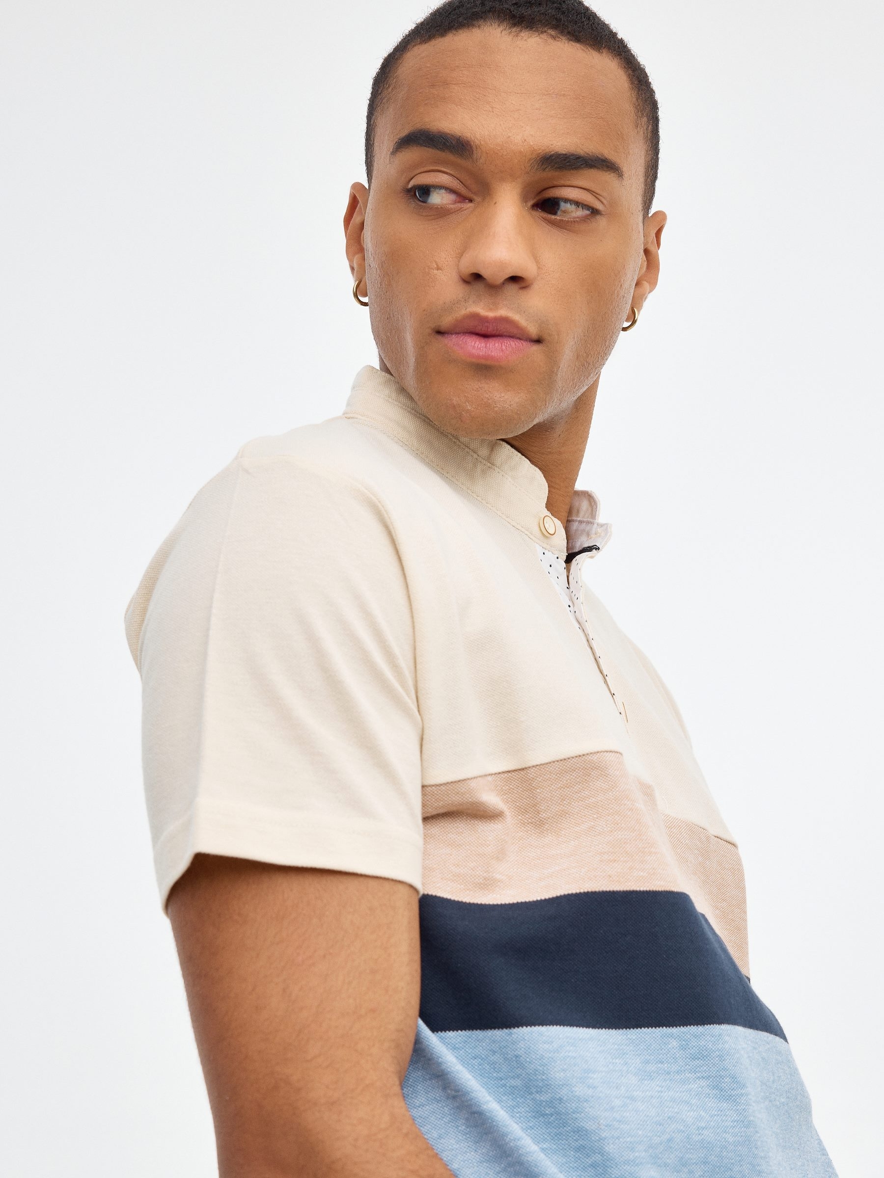 Striped pique polo shirt sand middle front view