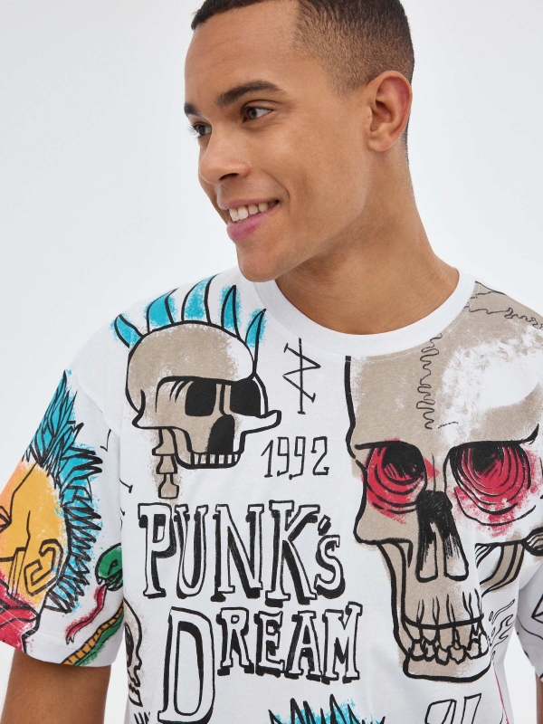 T-shirt de caveiras sobredimensionadas branco vista detalhe