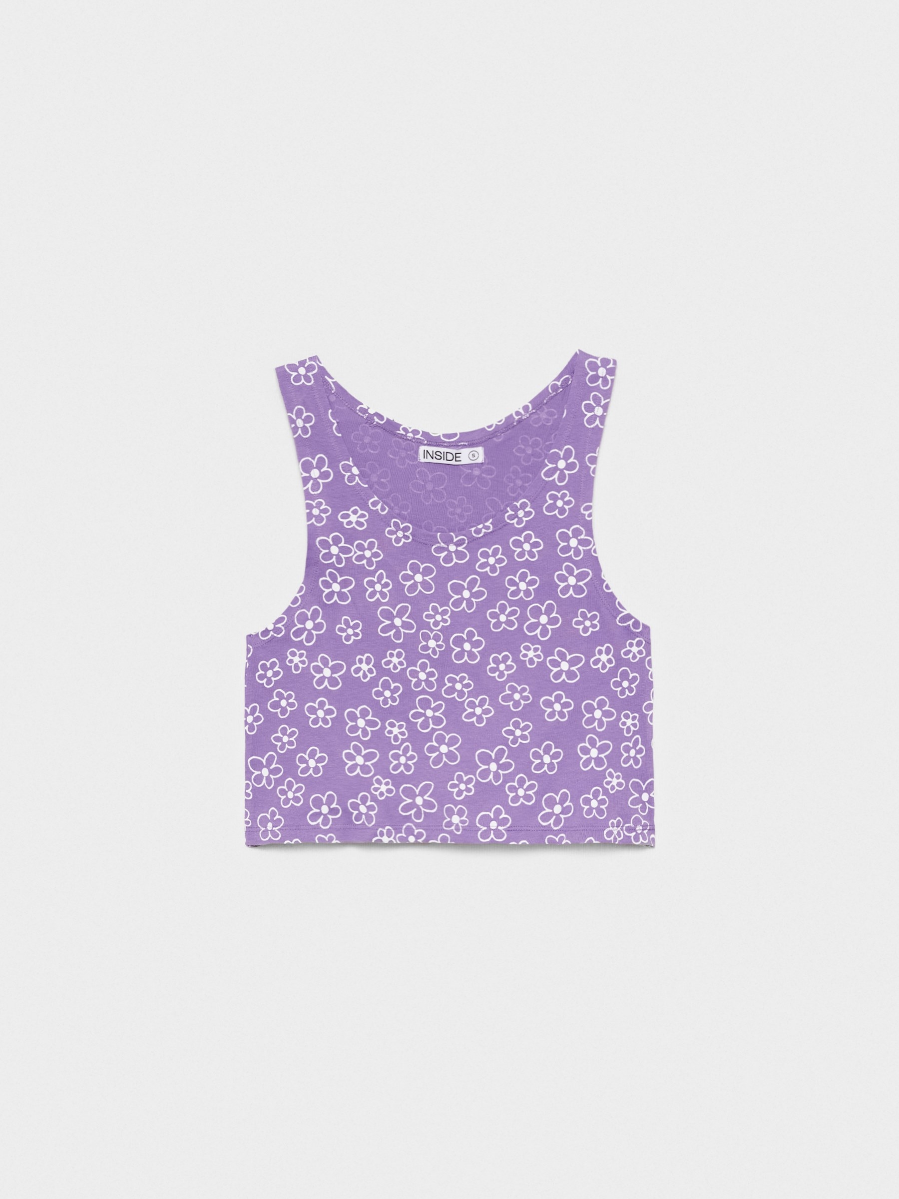 Camiseta tirantes morada flores lila vista media frontal