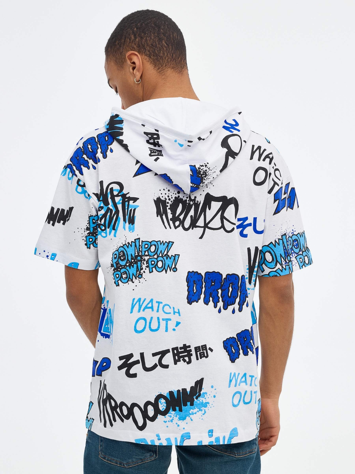 Oversized T-shirt with hood white middle back view