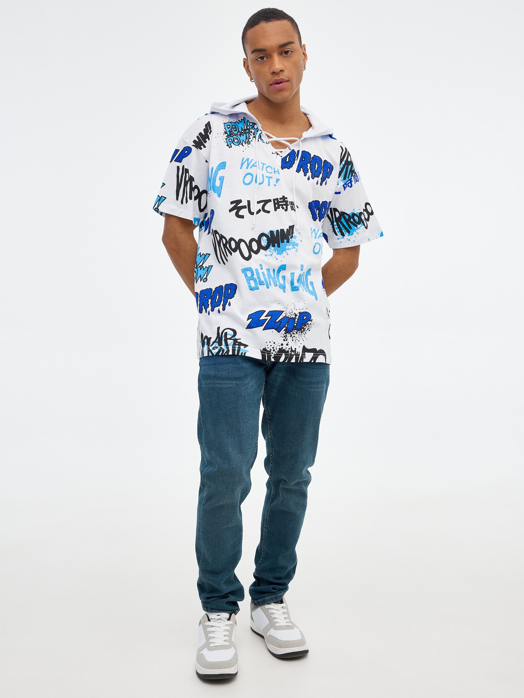 Oversized T-shirt with hood white middle front view