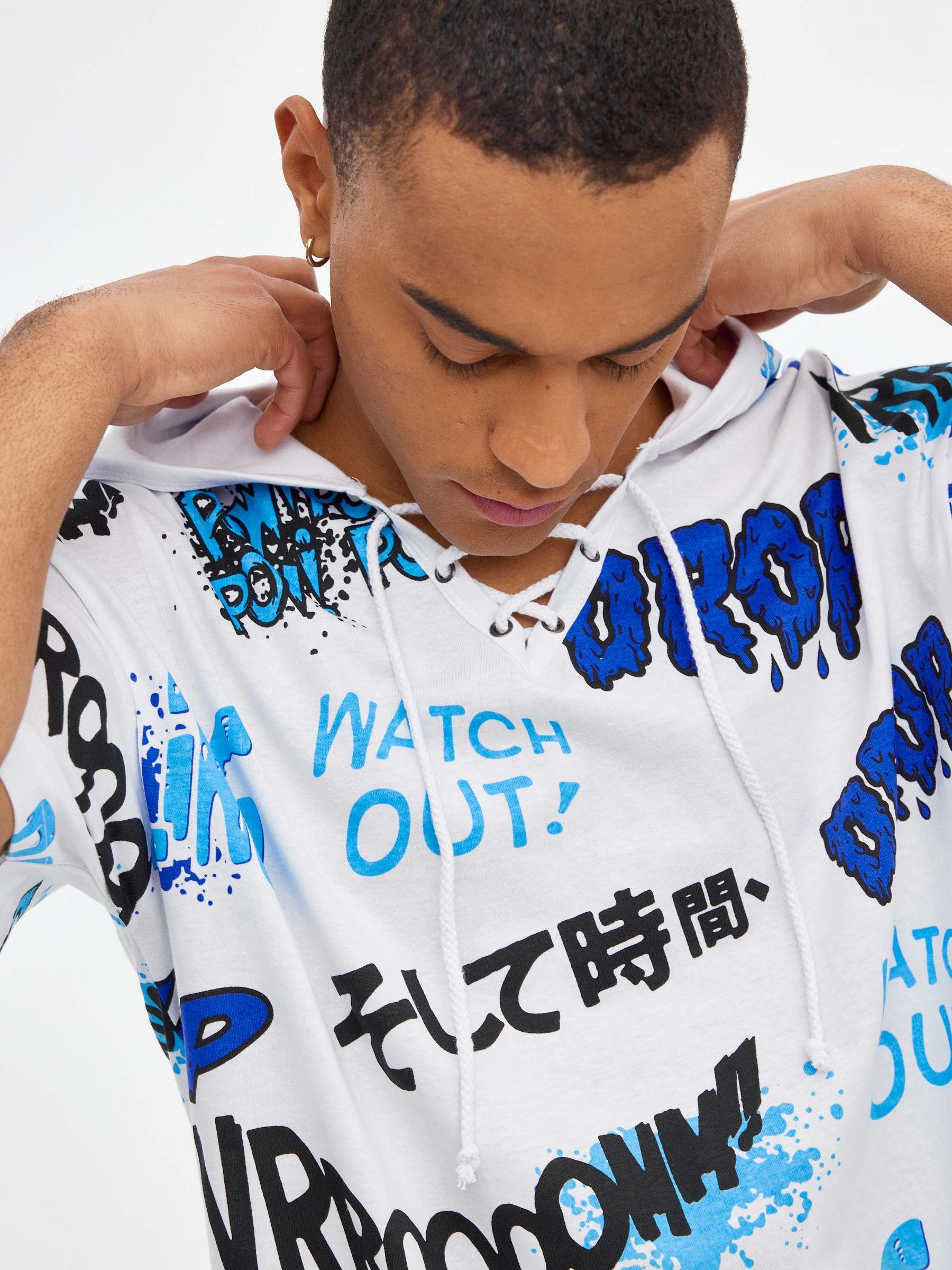 Oversized T-shirt with hood white middle front view