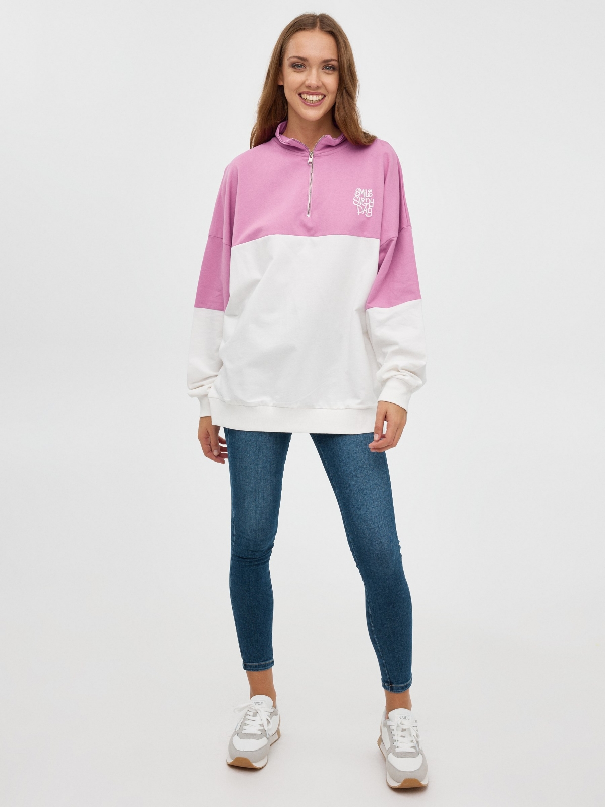 Camisola com fecho de correr contrastante púrpura vista geral frontal