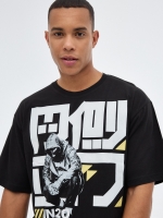 %Pto% T-shirt de impressão japonesa sobredimensionada preto