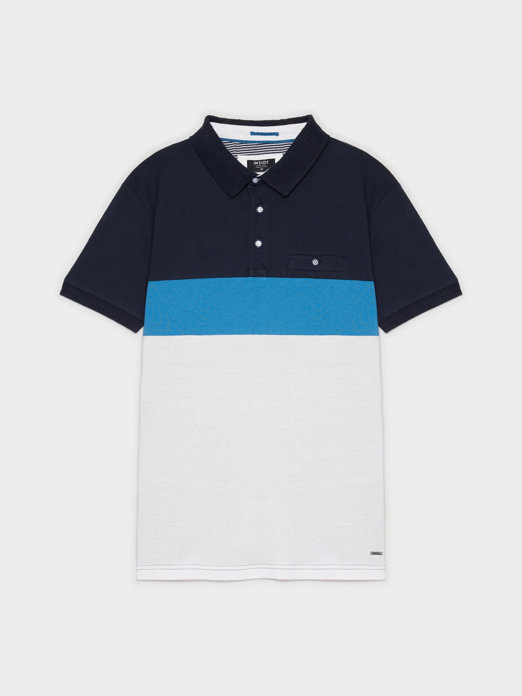 Woven striped polo shirt navy middle front view