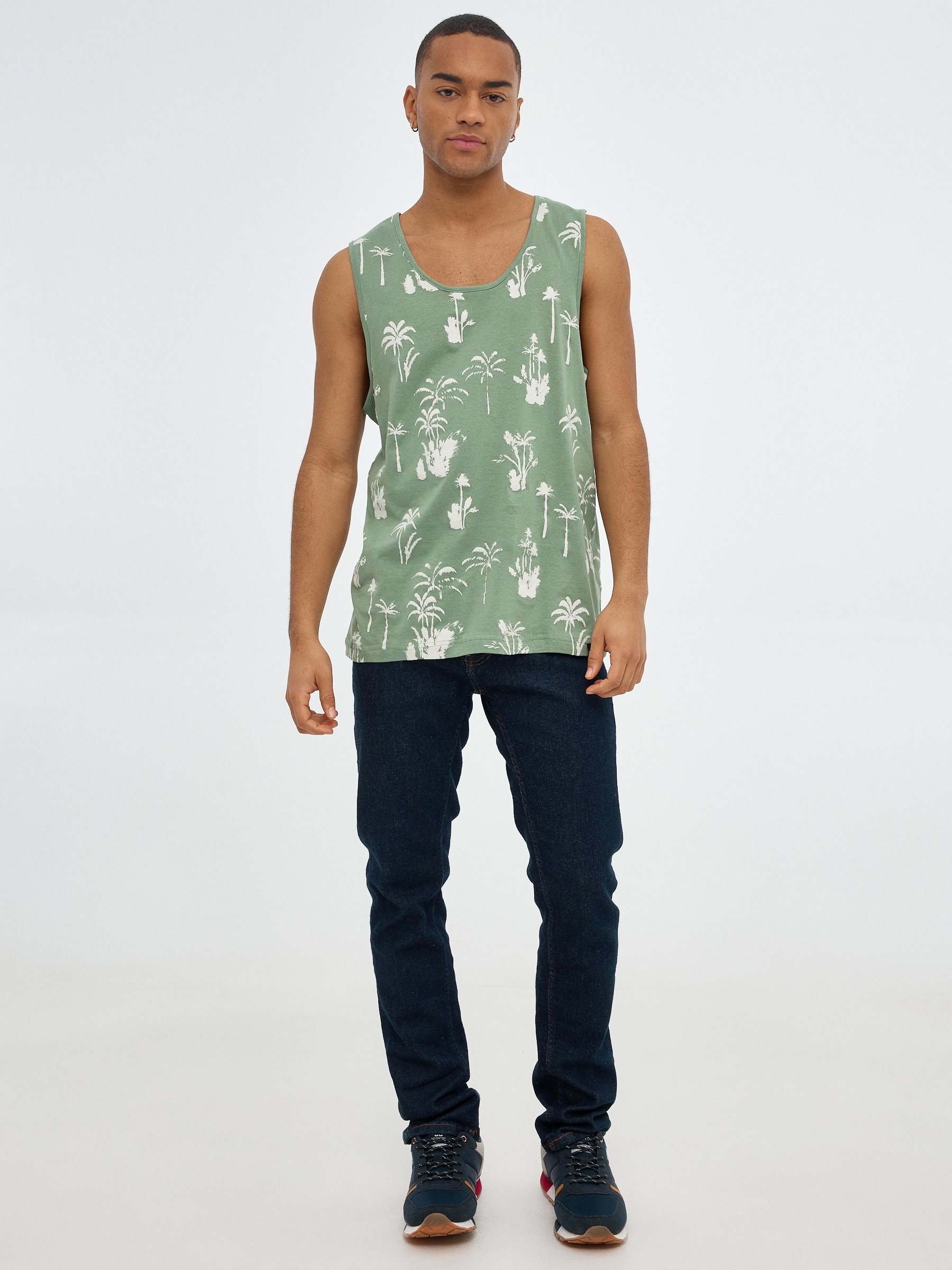 Palm tree print tank top olive green middle front view