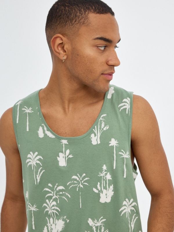  Palm tree print tank top olive green