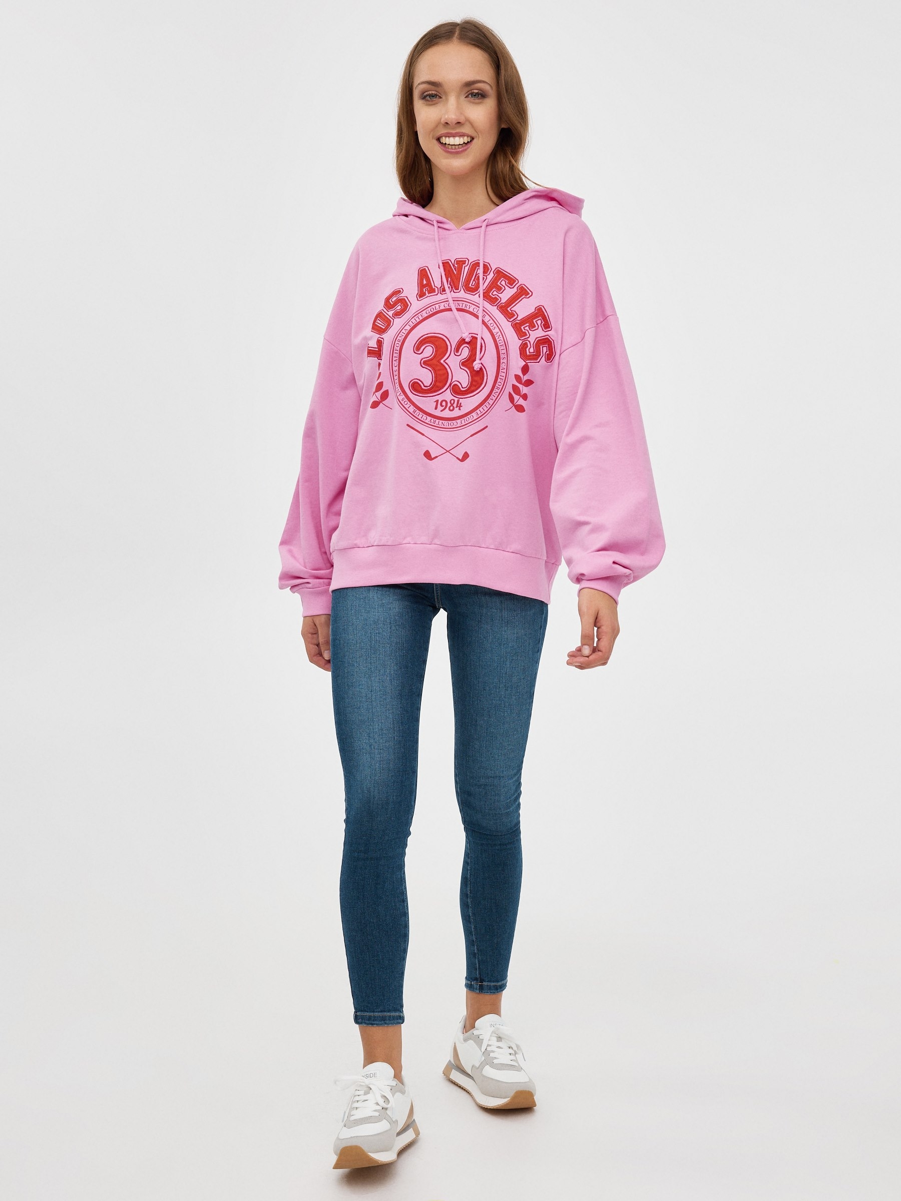 Sweatshirt com capuz Los Ángeles rosa vista meia frontal