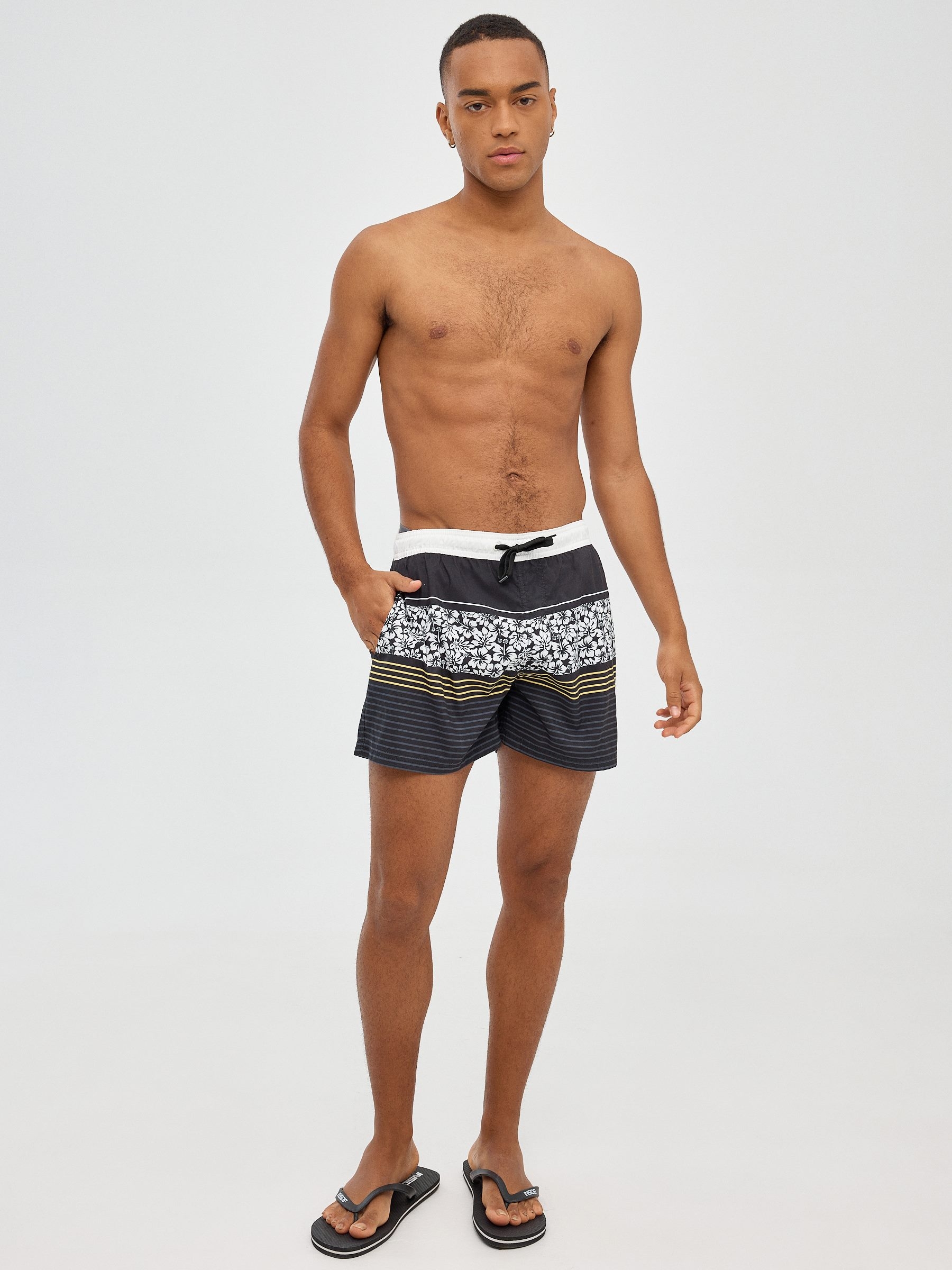 Stripes and flowers swimsuit black middle front view