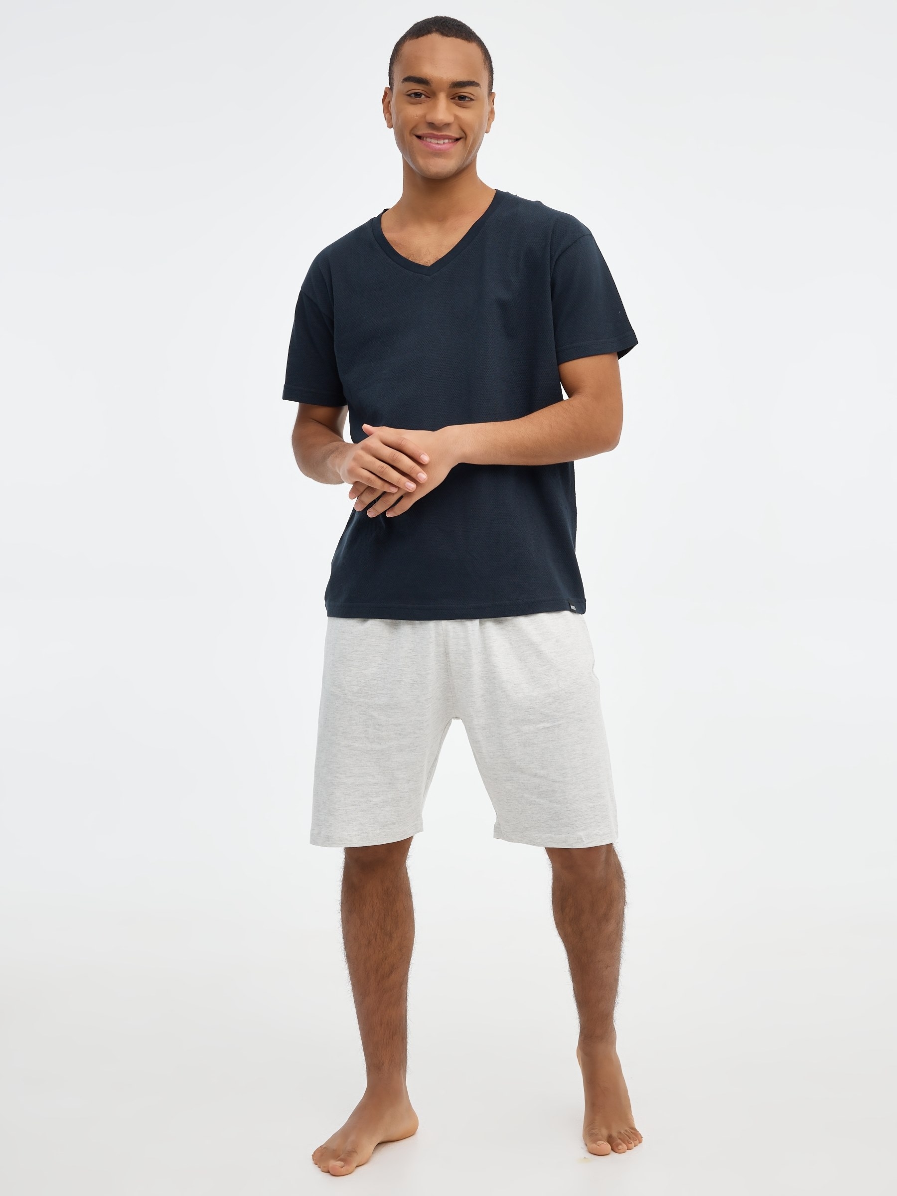 Men's short sleeve pajamas dark blue middle front view