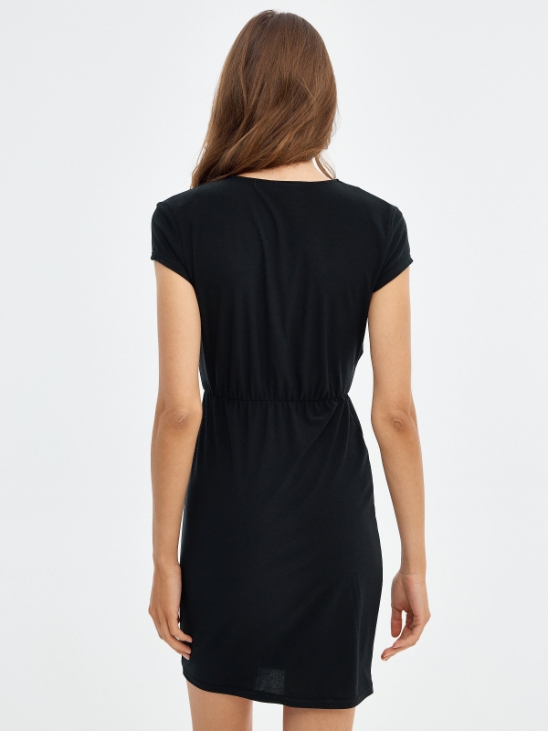 Mini cross neckline dress with gathered neckline black middle back view