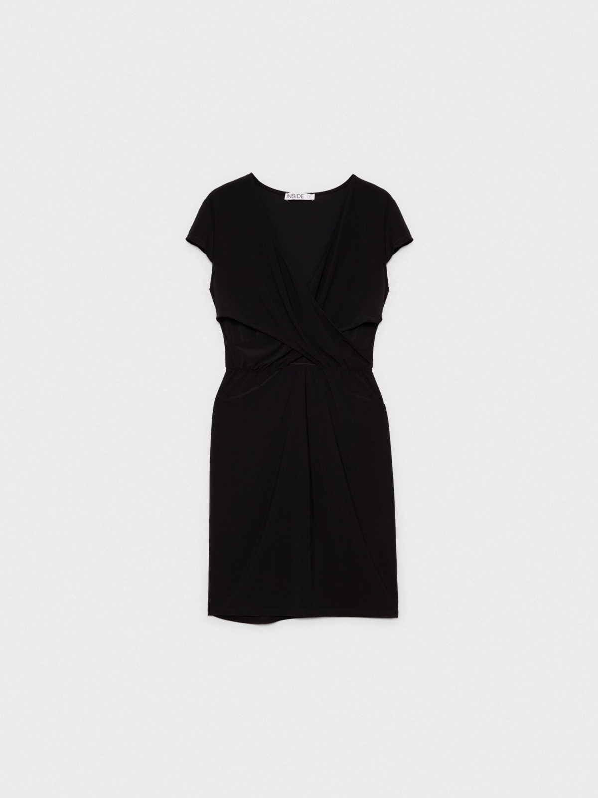 %Pto% Mini cross neckline dress with gathered neckline black