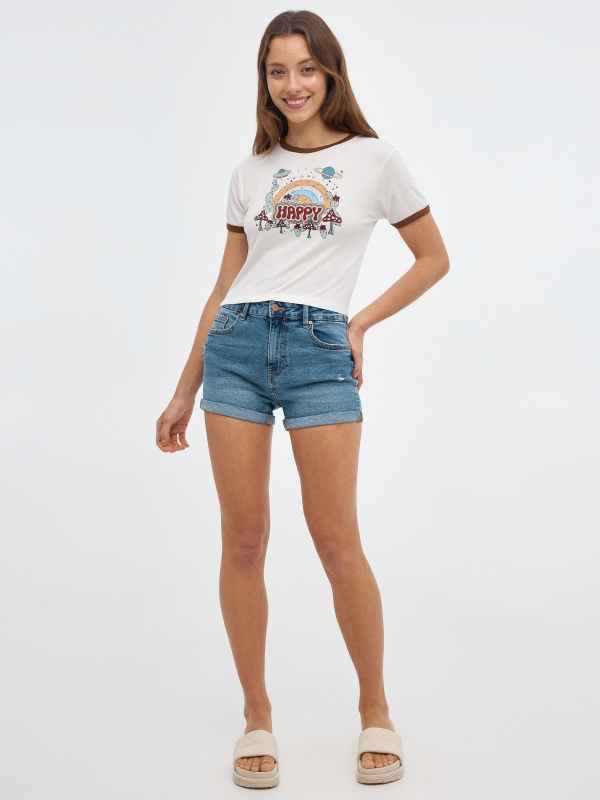 Happy crop pritd T-shirt off white front view