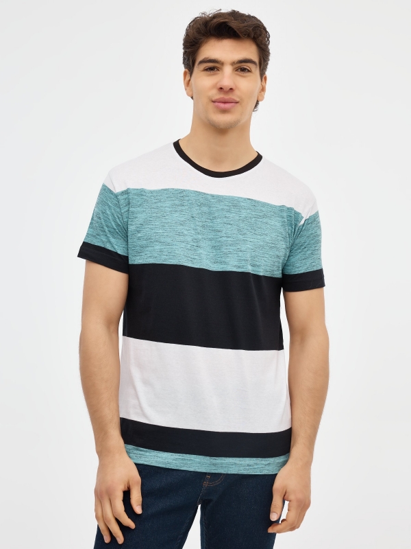 Color block print t-shirt blue middle front view