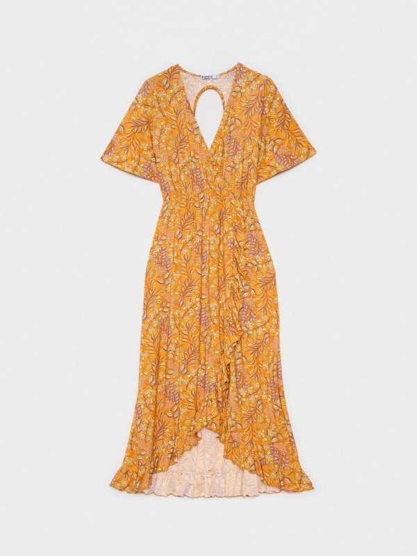  Vestido midi floral amarelo laranja