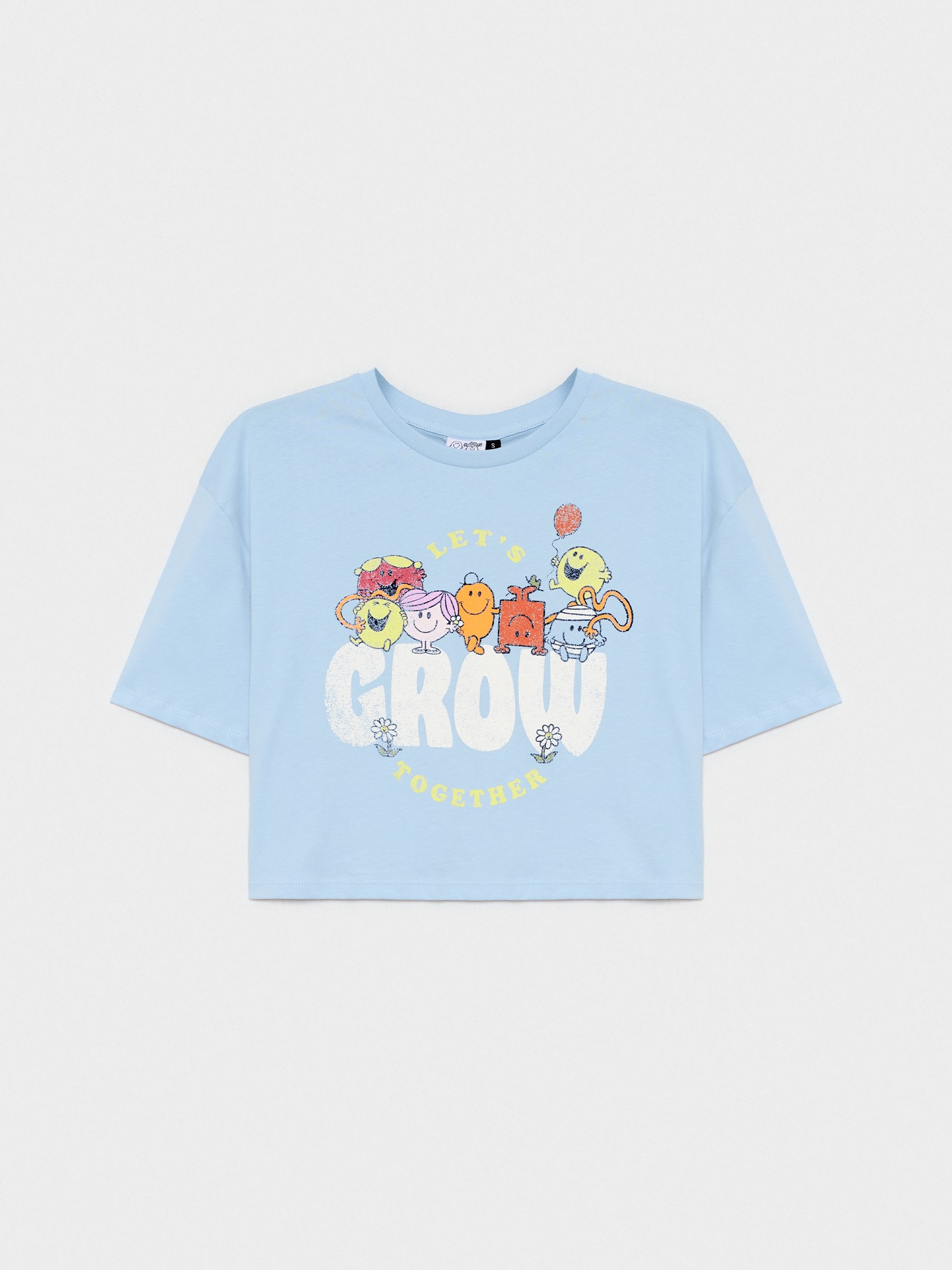 Camiseta crop Mr azul claro vista media frontal