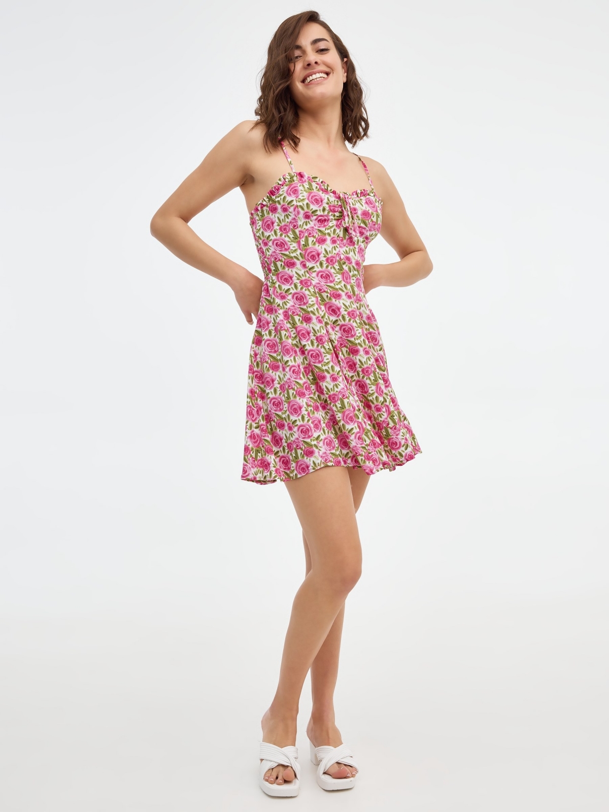 Fluid pink print mini dress multicolor front view