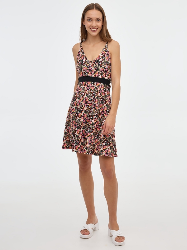 Vestido mini flores totalprint blanco vista general frontal