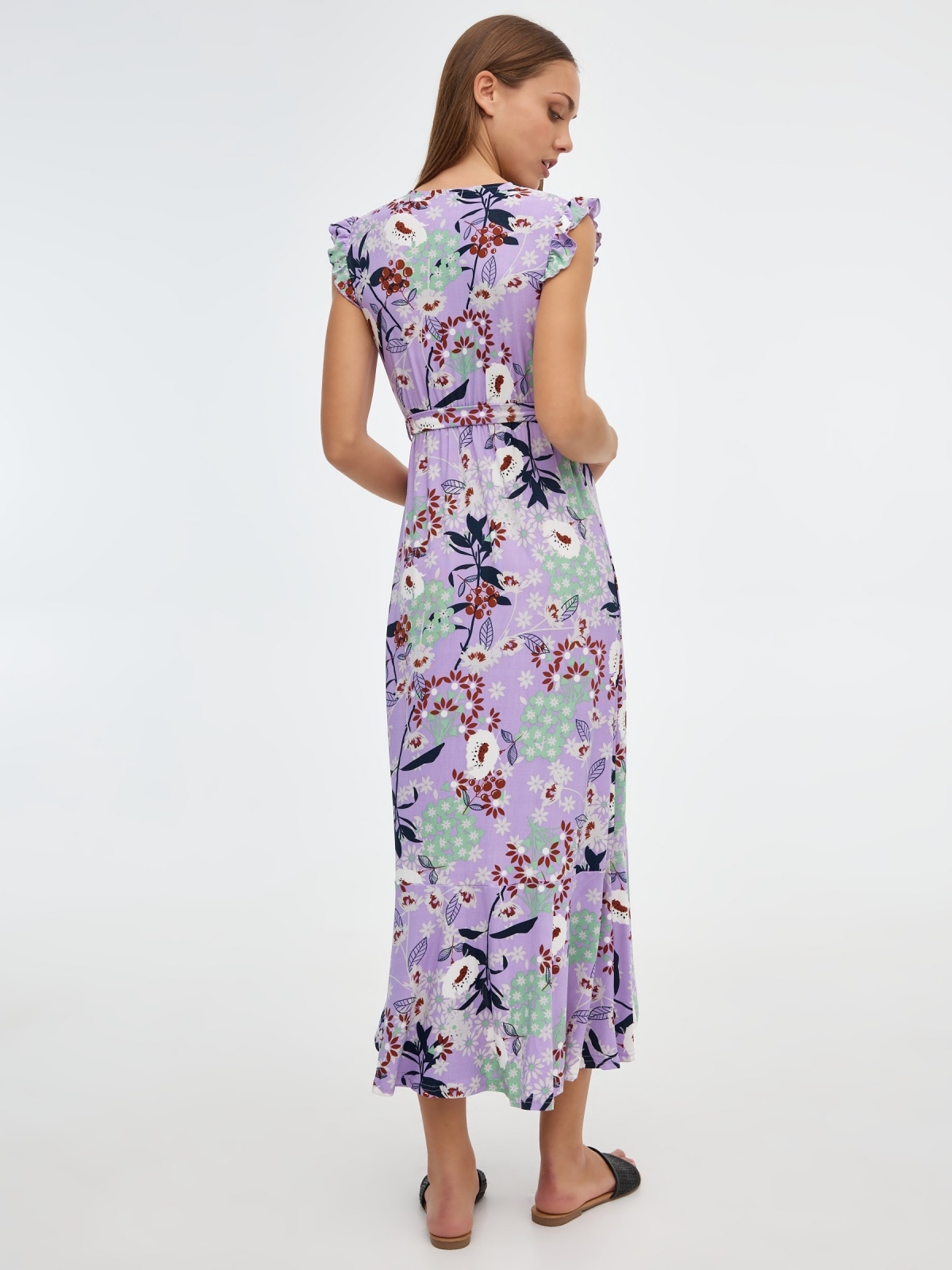 Vestido floral lilás maxi malva vista meia traseira