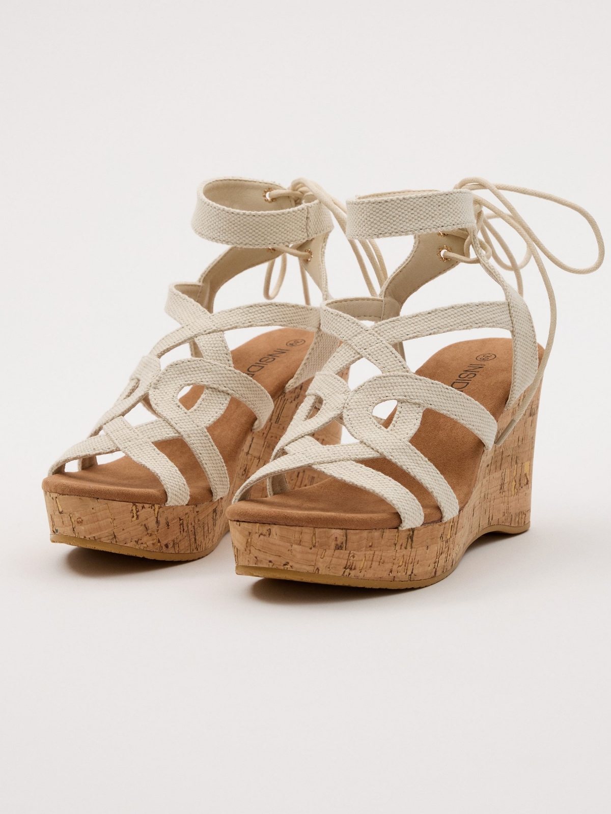 Wedges with lace-up straps sand 45º front view