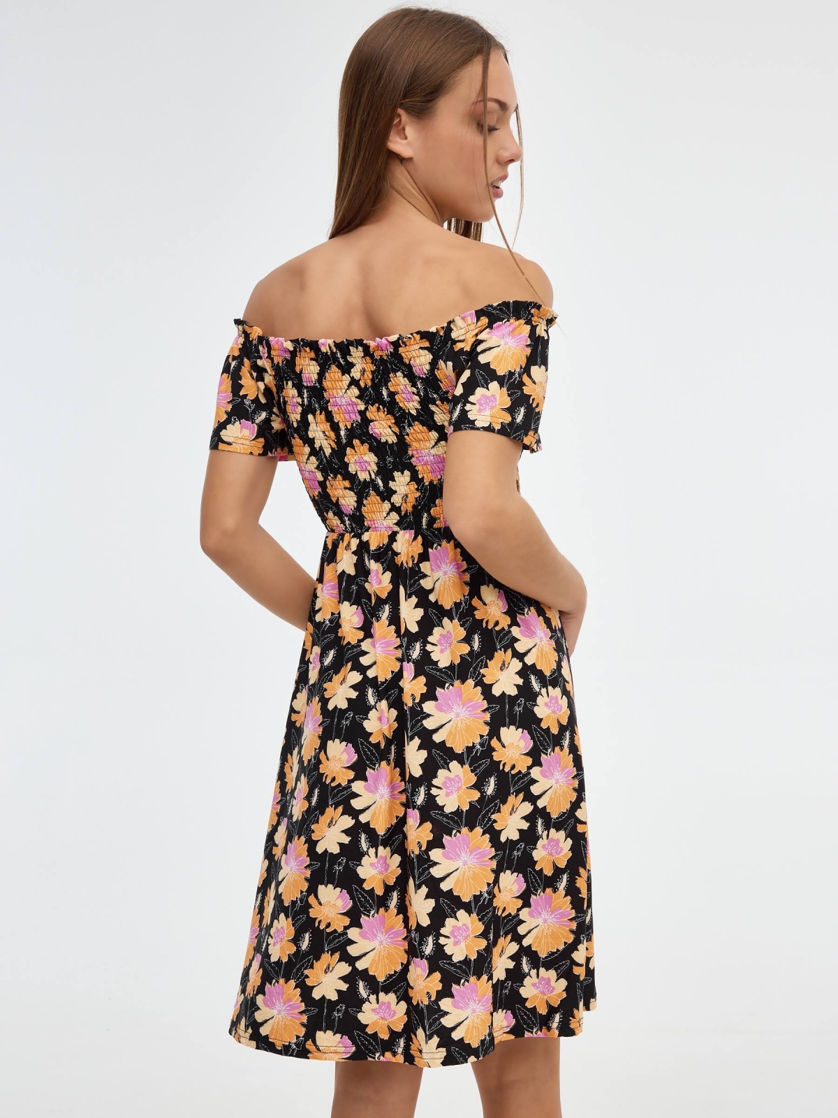 Straight neckline mini flower dress black middle back view