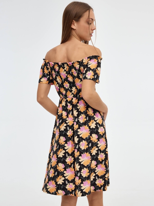 Straight neckline mini flower dress black middle back view