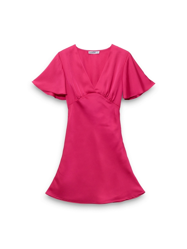  Fuchsia cetim mini vestido magenta vista frontal
