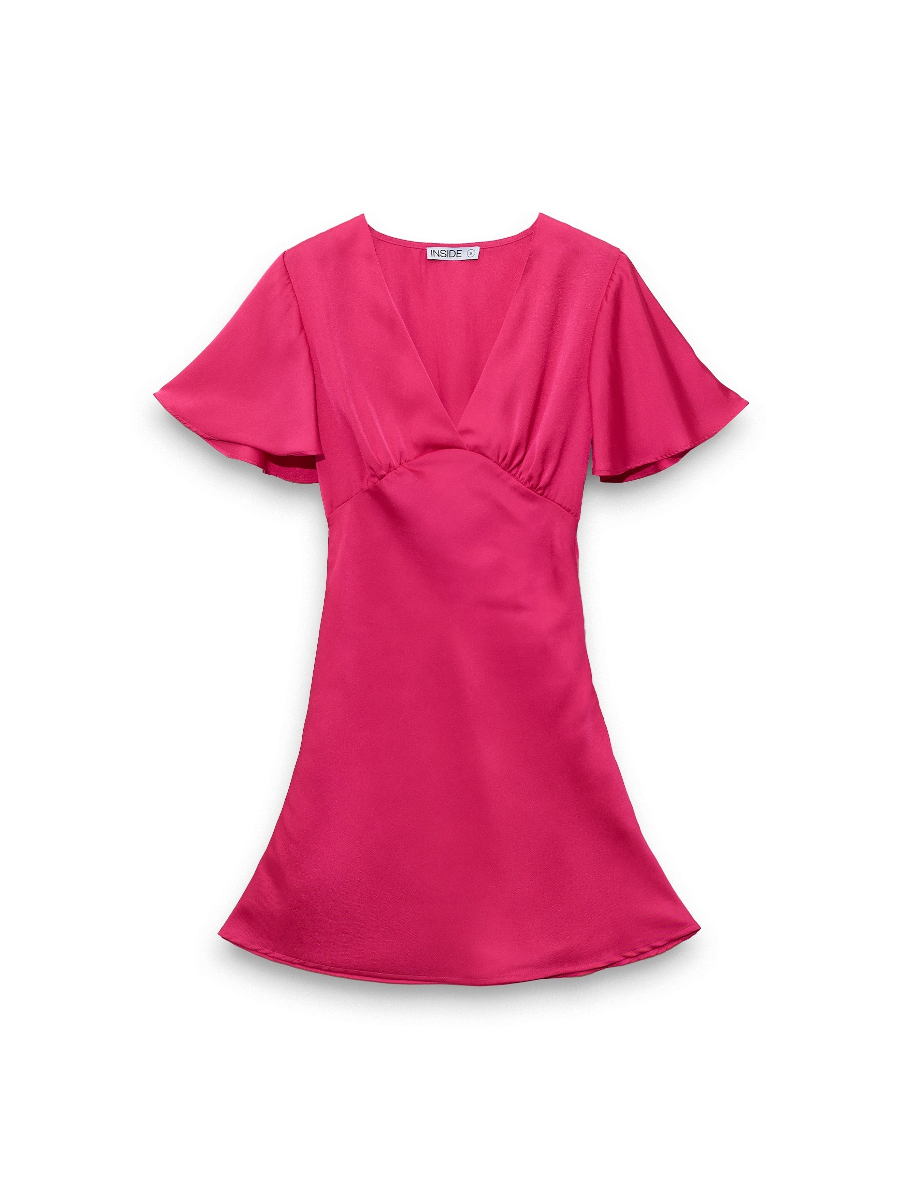 Fuchsia satin mini dress magenta three-quarter front view