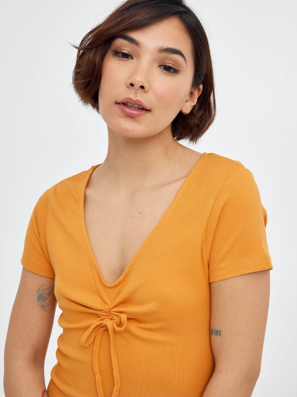 Mini dress with gathered neckline ochre detail view