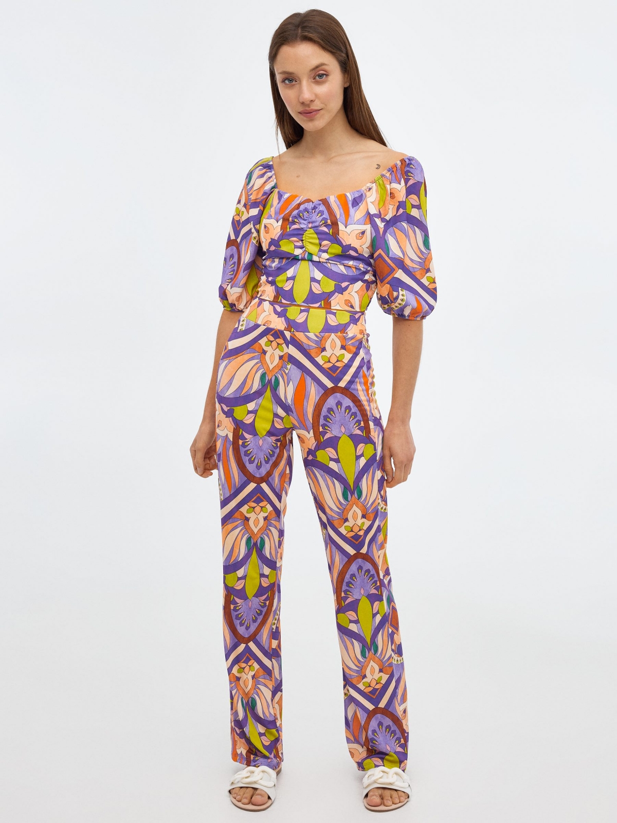 Honeycomb total print blouse lilac front view