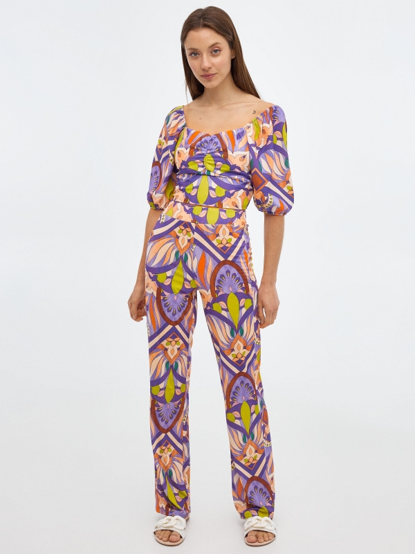 Blusa nido de abeja estampado total lila vista general frontal