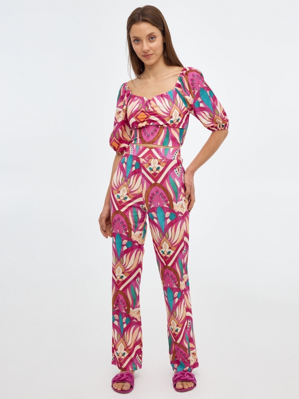 Blusa favo de mel com estampado total rosa vista geral frontal